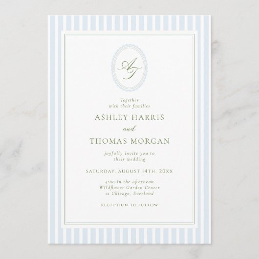 Elegant Blue & Sage Monogram Wedding Invitation Kaart (Voorkant)