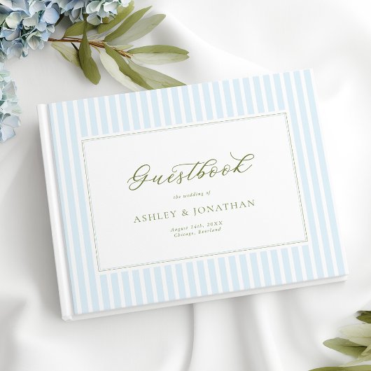 Elegant Blue & Sage Striped Wedding Invitation Gastenboek