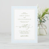 Elegant Blue & Sage Striped Wedding Invitation Kaart (Staand voorkant)