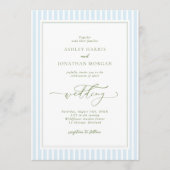 Elegant Blue & Sage Striped Wedding Invitation Kaart (Voorkant)