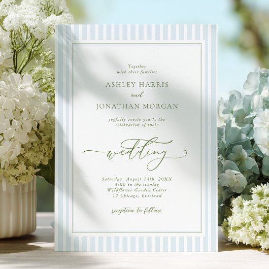 Elegant Blue & Sage Striped Wedding Invitation Kaart