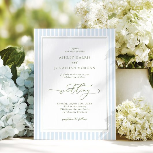 Elegant Blue & Sage Striped Wedding Invitation Kaart