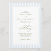 Elegant Blue & Sage Striped Wedding Invitation Kaart (Voorkant)