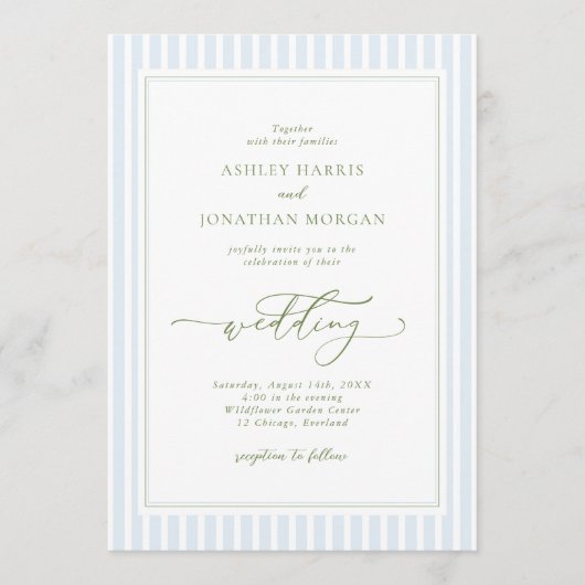 Elegant Blue & Sage Striped Wedding Invitation Kaart (Voorkant)