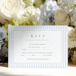 Elegant Blue & Sage Striped Wedding RSVP Kaartje