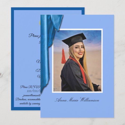 Elegant Blue Satin Grad Party Invitation Kaart (Voorkant / Achterkant)