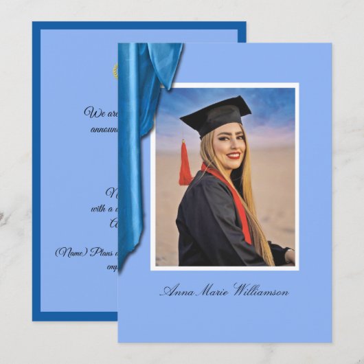 Elegant Blue Satin Graduation Announcement Kaart (Voorkant / Achterkant)