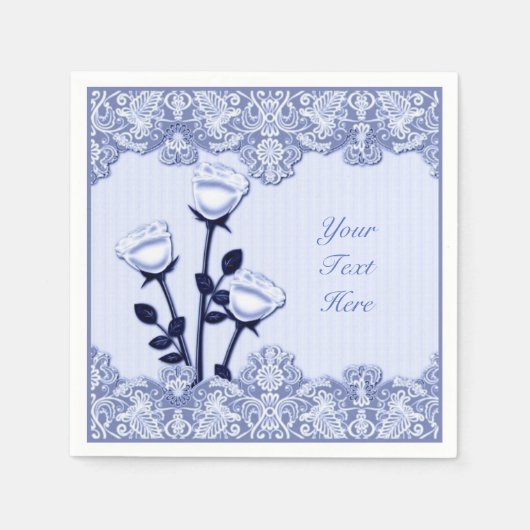 Elegant Blue Satin Rozen en Lace Napkins Servet (Voorkant)