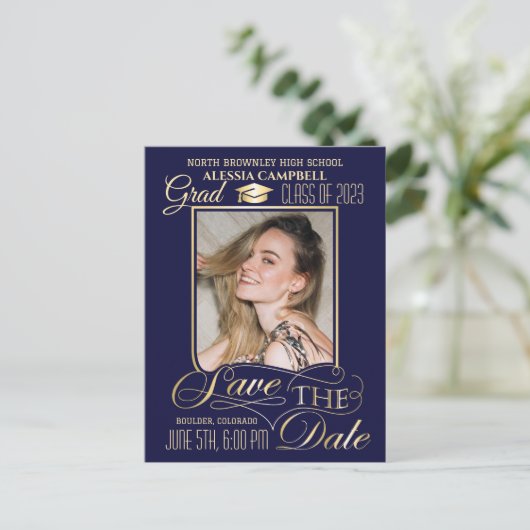 Elegant Blue Save the Date Afstuderen Briefkaart (Staand voorkant)