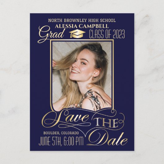Elegant Blue Save the Date Afstuderen Briefkaart (Voorkant)