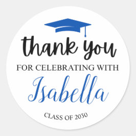 Elegant Blue Script Afstuderen Bedankt Feest Fav Ronde Sticker