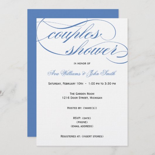Elegant Blue Script Couples Shower Invitation Kaart (Voorkant / Achterkant)