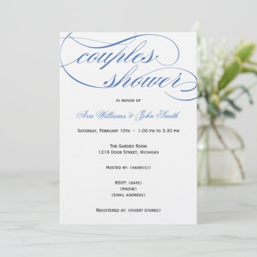 Elegant Blue Script Couples Shower Invitation Kaart (Staand voorkant)