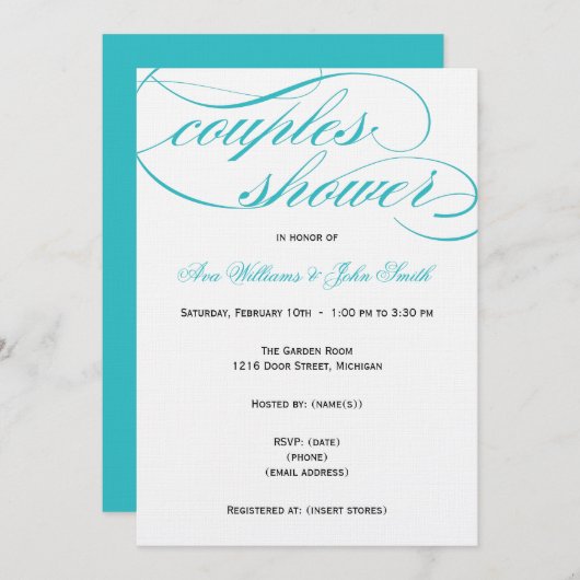 Elegant Blue Script Couples Shower Invitation Kaart (Voorkant / Achterkant)