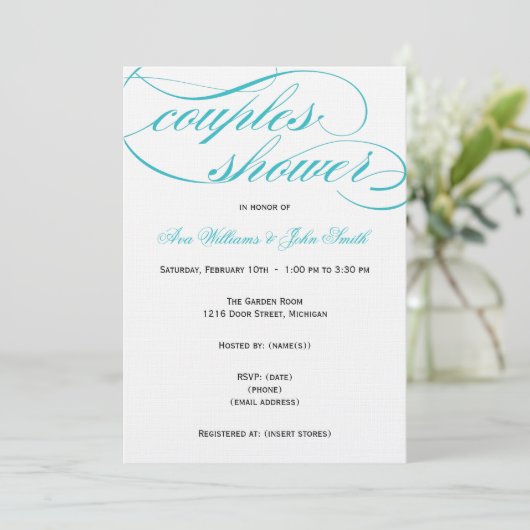Elegant Blue Script Couples Shower Invitation Kaart (Staand voorkant)
