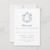 Elegant Blue Script Floral Crest Wedding RSVP Kaartje (Voorkant)
