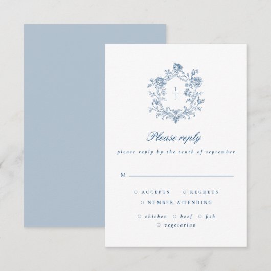 Elegant Blue Script Floral Crest Wedding RSVP Kaartje (Voorkant / Achterkant)