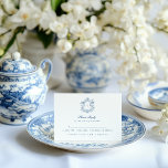 Elegant Blue Script Floral Crest Wedding RSVP Kaartje<br><div class="desc">Elegant Blue Floral Crest Wedding RSVP Card with Monogram An elegant wedding RSVP card featuring a delicate blue floral crest with a customizable monogram at the top. Designed with timeless typography and a refined botanical wreath, this classic response card allows guests to confirm attendance, meal selections, and number attending. Perfect...</div>