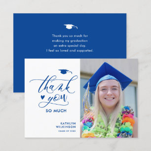 Elegant Blue Script Minimalist Photo Afstuderen Bedankkaart