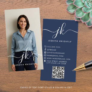 Elegant Blue Script Monogram Logo Foto QR-code Visitekaartje