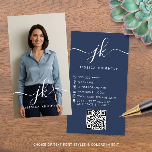 Elegant Blue Script Monogram Logo Foto QR-code Visitekaartje