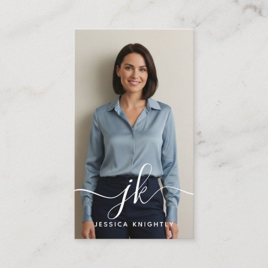 Elegant Blue Script Monogram Logo Foto QR-code Visitekaartje (Voorkant)