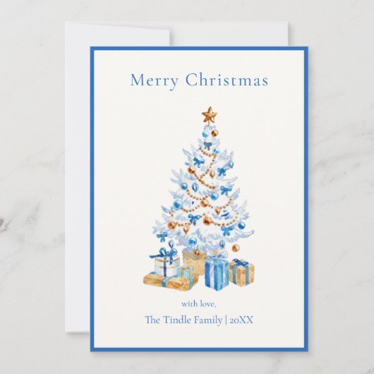 Elegant Blue Script Watercolor Christmas Tree Feestdagenkaart (Voorkant)