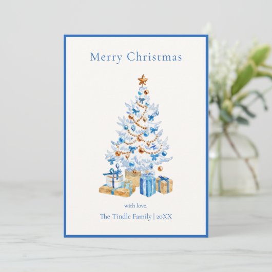 Elegant Blue Script Watercolor Christmas Tree Feestdagenkaart (Staand voorkant)