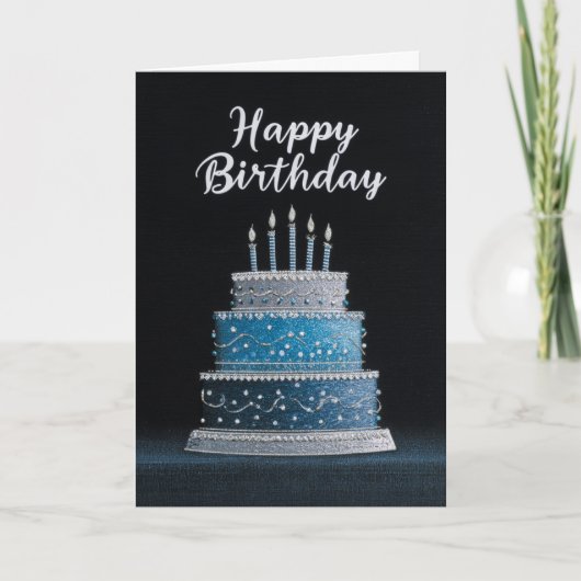 Elegant Blue Silver Birthday Cake Kaart (Voorkant)