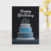 Elegant Blue Silver Birthday Cake Kaart (Gele Bloem)