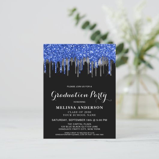 Elegant Blue Silver Black Glitter Drift Afstuderen Briefkaart (Staand voorkant)