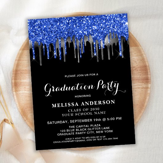 Elegant Blue Silver Black Glitter Drift Afstuderen Briefkaart
