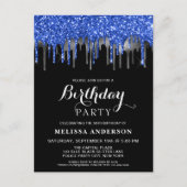 Elegant Blue Silver Black Glitter Drift Birthday Uitnodiging Briefkaart (Voorkant)