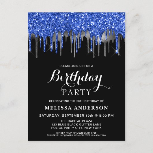 Elegant Blue Silver Black Glitter Drift Birthday Uitnodiging Briefkaart (Voorkant)