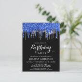 Elegant Blue Silver Black Glitter Drift Birthday Uitnodiging Briefkaart (Staand voorkant)