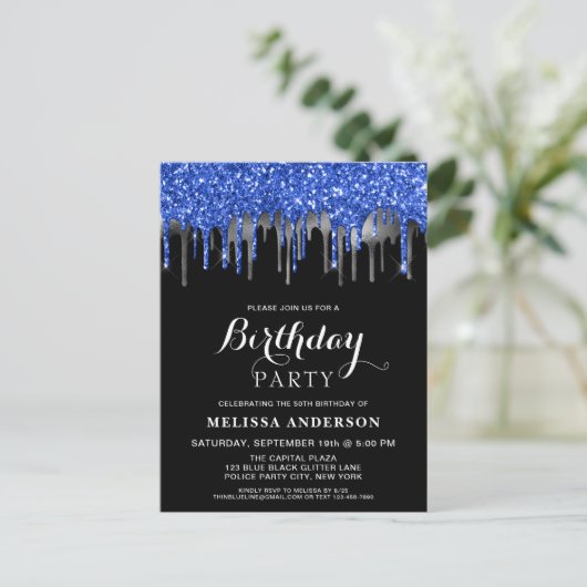 Elegant Blue Silver Black Glitter Drift Birthday Uitnodiging Briefkaart (Staand voorkant)