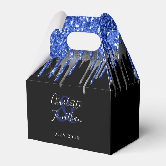 Elegant Blue Silver Black Glitter Drift Weddenscha Bedankdoosjes (Achterkant)