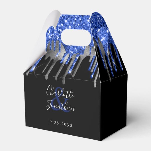 Elegant Blue Silver Black Glitter Drift Weddenscha Bedankdoosjes (Voorkant Zijde)