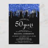 Elegant Blue Silver Black Glitter Drip 50 Birthday Briefkaart (Voorkant)