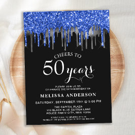 Elegant Blue Silver Black Glitter Drip 50 Birthday Briefkaart