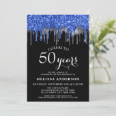 Elegant Blue Silver Black Glitter Drip 50 Birthday Kaart (Staand voorkant)