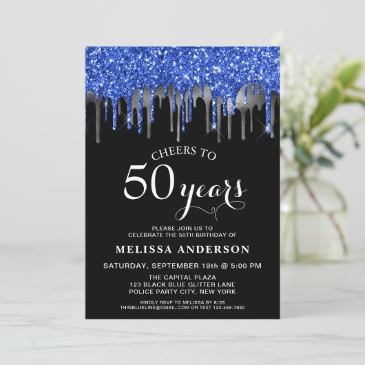 Elegant Blue Silver Black Glitter Drip 50 Birthday Kaart (Staand voorkant)