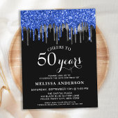 Elegant Blue Silver Black Glitter Drip 50 Birthday Uitnodiging Briefkaart