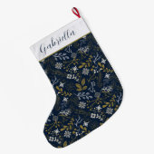 Elegant Blue Silver Botanische Patroon Grote Kerstsok (Achterkant (Hangend))