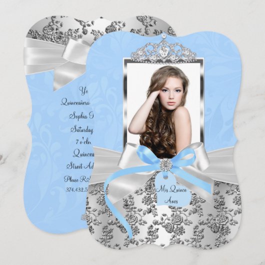 Elegant Blue Silver Bow Roos Foto Quinceanera 1 Kaart (Voorkant / Achterkant)