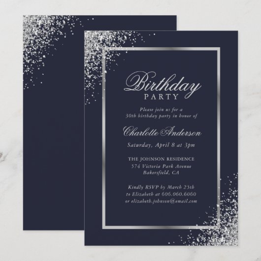 Elegant Blue Silver Confetti verjaardagsfeestje Kaart (Voorkant / Achterkant)