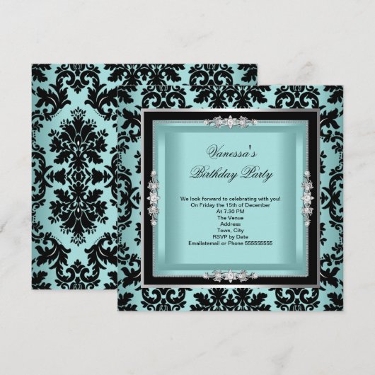 Elegant Blue Silver Damask Black Birthday Party Kaart (Voorkant / Achterkant)