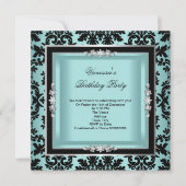 Elegant Blue Silver Damask Black Birthday Party Kaart (Voorkant)