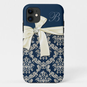 Elegant Blue Silver Damask Diamond Bow Monogrammed iPhone 11 Hoesje