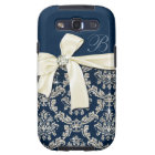 Elegant Blue Silver Damask Diamond Bow Monogrammed